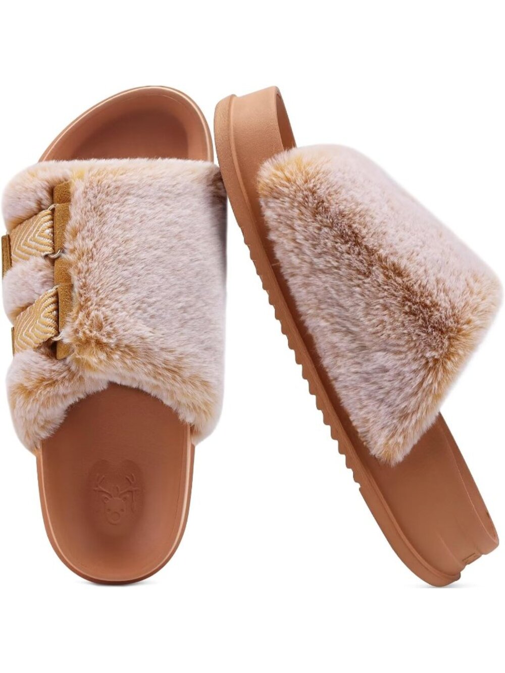Women's Khaki Soft Cushioned & Adjustable Fuzzy Faux Fur Home Slippers Slides